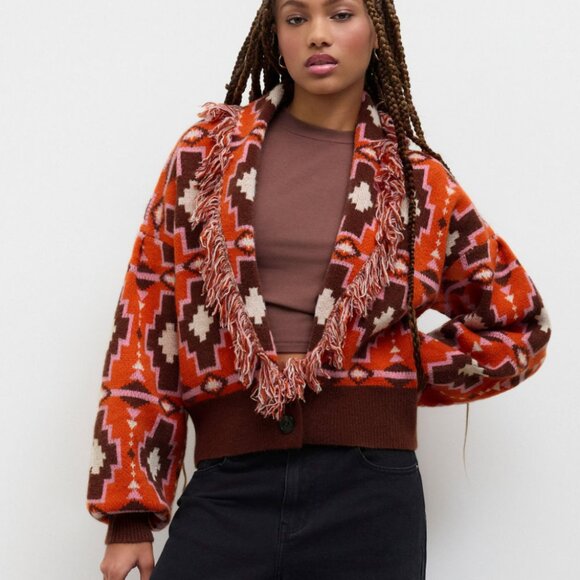 CIDER Boho Chunky Orange and Brown Oversized Sweater Button Down Fringe S - Picture 9 of 10